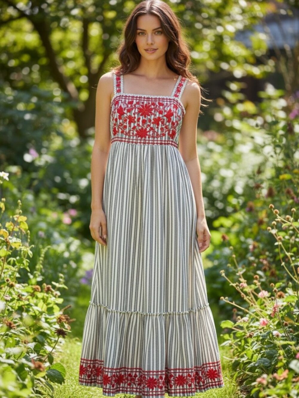 Kate Spade Broome Street Cotton Maxi Dress Black White Red Striped Embroidered